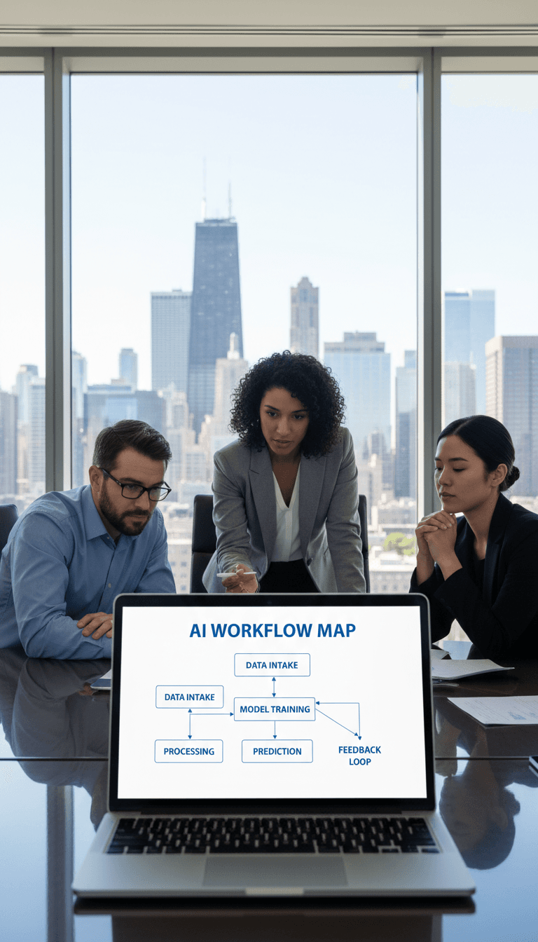 Diverse team of business professionals collaborating in modern glass conference room, reviewing AI workflows and data dashboards on large monitors