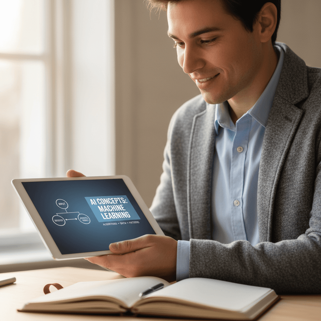 Person learning AI concepts from clear, simple diagrams on a tablet